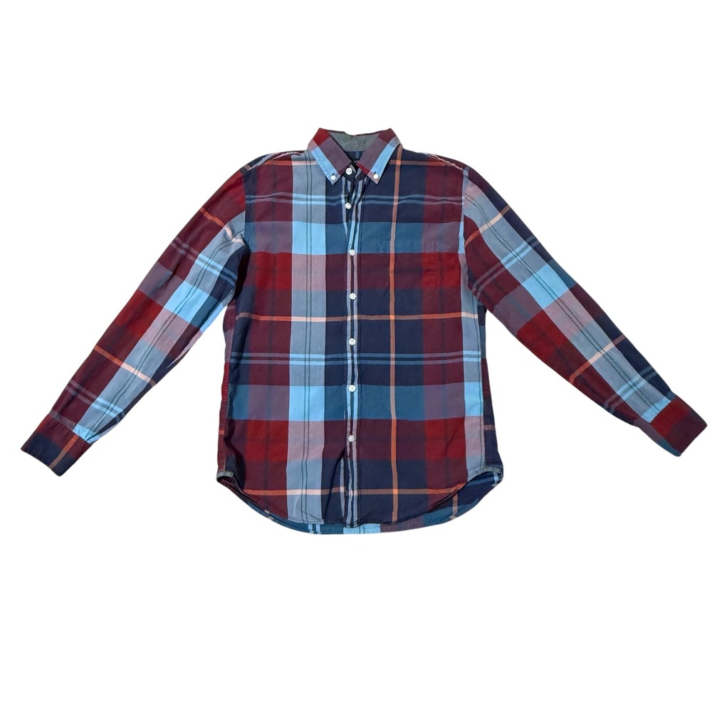 J.Crew Mens Small Tartan Plaid Button‎ Down Shirt Long Sleeve Cotton Navy Red